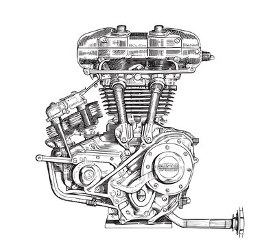 Motorcycle engine sketch hand drawn engraved style Engineering Vector illustration.