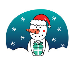 A funny snowman in a New Year's hat sits in a snowdrift with a gift. Vector illustration on the New Year theme.