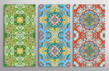 Vertical seamless patterns set, floral geometric doodle texture. Hand drawn decorative ornamental backgrounds. Tribal ethnic ornament, vector illustration