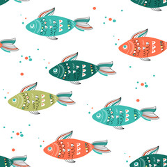 Fish pattern. Multi-colored decorative fish and multi-colored bubbles on a white background. Stylized underwater world. Flat vector illustration.