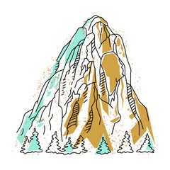 Mountain and trees. Graphic abstract mountain drawn with a black contour line on a background of blue and brown spots. Vector flat illustration on the theme of mountains and mountain tourism.