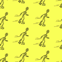 Abstract stylized people on roller skates. Seamless vector pattern on a yellow background. Doodle illustration.