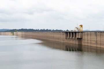 Image of Khun Dan Prakan Chon Dam in Nakhon Nayok Thailand. It is longest compacted concrete dam in Thailand and in world. to store water during rainy season in dry season and to prevent flooding.