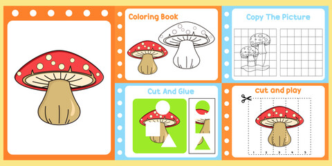 worksheets pack for kids with mushroom. fun learning for children