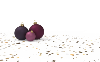 matte pink and purple christmas balls with golden tinsel on the floor isolated 3D Rendering copy space