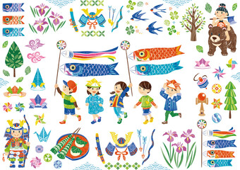 Obraz na płótnie Canvas 5月　こどもの日　鯉のぼりと子どもたち　イラスト素材セット 