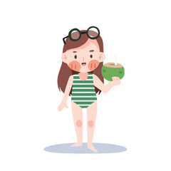 Beach summer Concept . Happy Cute kawaii girl in swimming suit sticker.