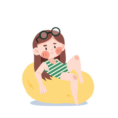 Beach summer Concept . Happy Cute kawaii girl in swimming suit sticker.