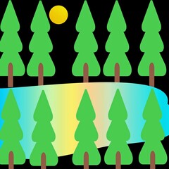 Graphic illustration of night scenery with fullmoon,river and trees.Super bright neon illustration