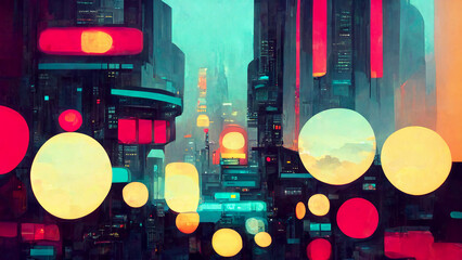 cyberpunk city, landscape, metaverse, virtual reality, digital space, digital illustration