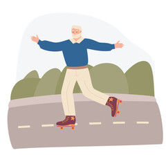 old man rollerblading in the park. Active old man. Extreme city sport, healthy lifestyle. Stock vector illustration in flat style. - obrazy, fototapety, plakaty