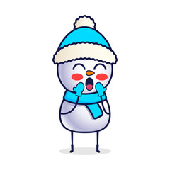 Cartoon snowman in christmas hat shy