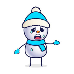 Crying cartoon snowman in christmas hat
