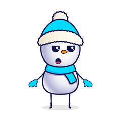 Cartoon snowman in a Christmas hat surprised