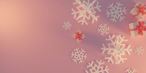 Christmas composition with snowflakes and christmas presents on pink background. 3D rendering seasonal top view winter illustration with empty copy space for text.
