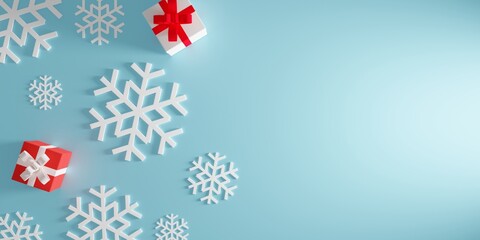 Christmas composition with snowflakes and christmas presents on blue background. 3D rendering seasonal top view winter illustration with empty copy space for text.