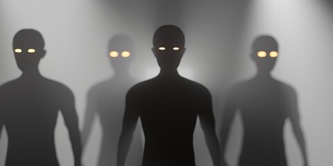 Group of scary looking human sihouettes with glowing eyes front of spotlight in foggy scene. 3d render illustration