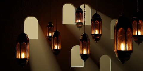 Arabic lanterns hanging inside of dusty and foggy room with rays of sunlight coming in through window 3d rendering illustration.