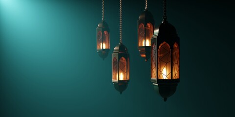Arabic lantern with foggy light 3d render illustration. Empty space for copy paste text.