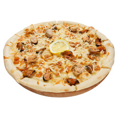 Italian pizza with mussels and other seafood, on a white background, isolate