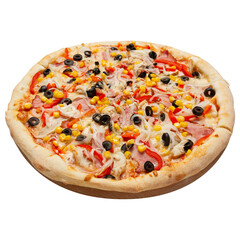 Italian pizza with prosciutto, sweet peppers and olives, side view, isolate