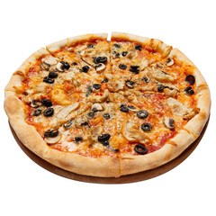 Italian pizza with chicken, cheese and olives, side view,, isolate