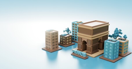 3d illustration France and Arc de Triomphe as landmark green space area