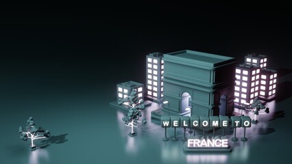 3d illustration france city background with simple building around in neon light style