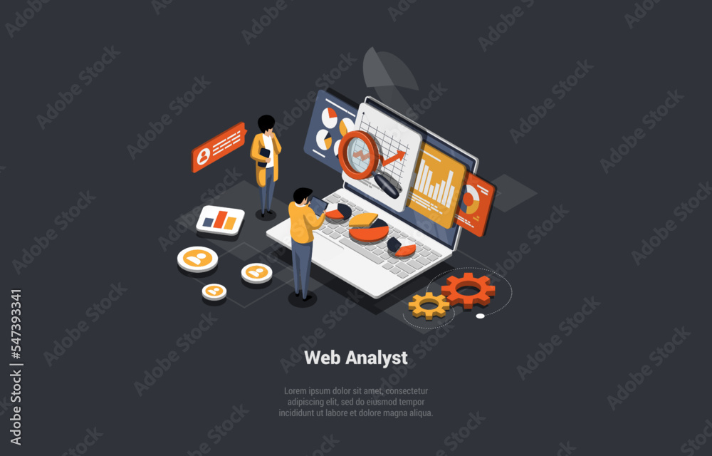 Poster concept of testing, data analysis, debugging and analyst. web analyst man and woman marketers analyz