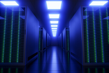 Fototapeta premium Server room interior with blue lights in data center. 3D Render