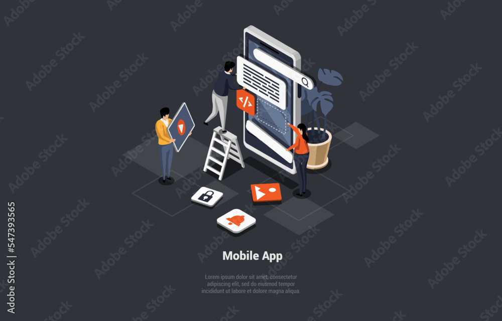 Poster mobile app development and design. mobile application debug sketch layout on smartphone or tablet. p