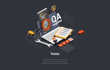 Software Testing Concept. Software Tester Testing Programs, Debugging And Make Functional Test. Software Quality Assurance Engineering Make Tests Of Applications. Isometric 3d Vector Illustration