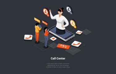 Concept Of Call Center, Technical Support 24 7. Hotline Operator Advise Customers. Virtual Online Consultant In Headphones Helping Customer To Solve Problems. Isometric 3d Cartoon Vector Illustration