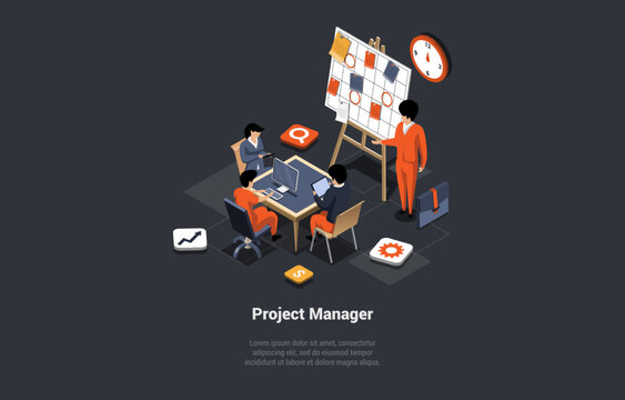 Concept Of New Startup Or Project. Software Engineer Man Project Manager Develop Or Working On New Startup Idea. Creative Team Working Together In The Office. Isometric 3d Cartoon Vector Illustration