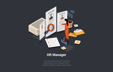 Recruitment Agency And Human Resources. HR Manager Reading CV, Choosing Best Candidates For Hire Job. Employers Searching For Professional Talented Employees. Isometric 3d Cartoon Vector Illustration