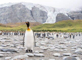 Obraz premium Königspinguin - (APTENODYTES PATAGONICUS) Kolonie Gold Harbour - landschaftlich reizvolle Bucht auf Südgeorgien