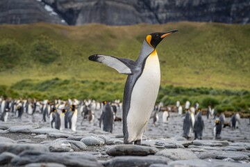Fototapeta premium erste Flugversuche eines Königspinguin - (APTENODYTES PATAGONICUS) Königs-Pinguin Kolonie-Gold Harbour - landschaftlich reizvolle Bucht auf Südgeorgien