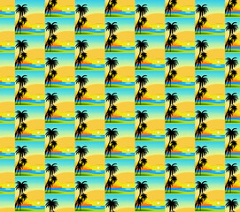 Sunset, palm tree shore - seamless vector pattern