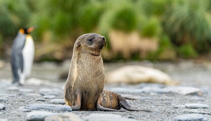 junger antarktischer Seebär / antarktische Pelzrobbe  (Arctocephalus gazella) in Südgeorgien in seiner natürlichen Umgebung