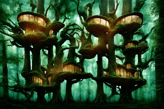 3d Render Of Ancient Forest With Modern, Magical And Fantasy Tree House