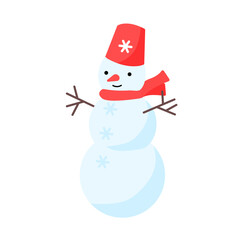 Snowman with bucket on head isolated on white background. Vector illustration. Funny cartoon winter element.