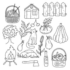 Country life set in hand drawn doodle style. Life in the village collection elements
