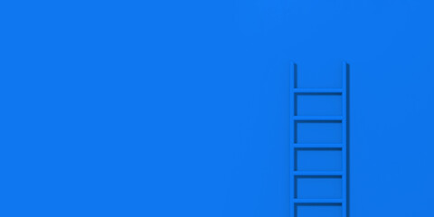 blue staircase on blue background. Staircase stands vertically near wall. Way to success concept. Horizontal image. Banner for insertion into site. 3d image. 3D rendering.