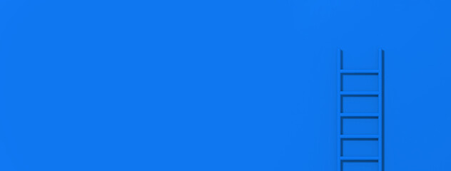 blue staircase on blue background. Staircase stands vertically near wall. Way to success concept. Horizontal image. Banner for insertion into site. 3d image. 3D rendering.