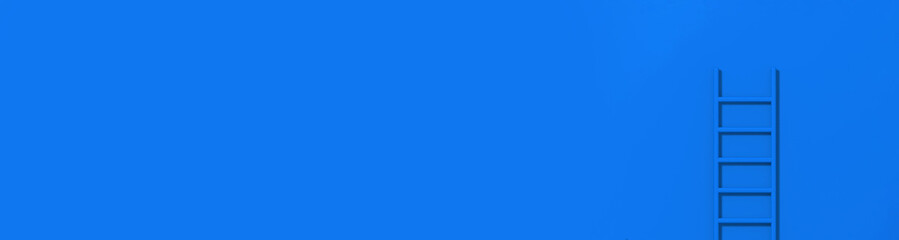blue staircase on blue background. Staircase stands vertically near wall. Way to success concept. Horizontal image. Banner for insertion into site. 3d image. 3D rendering.