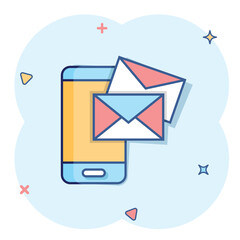 Message on smartphone icon in comic style. Mail with phone cartoon vector illustration on white isolated background. Envelope splash effect business concept.