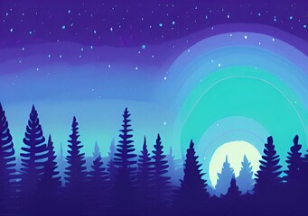Naklejka premium Digital drawing night forest landscape illustration