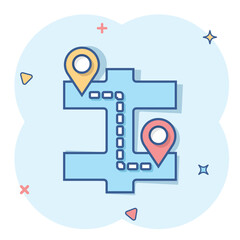 Map pin icon in comic style. GPS navigation cartoon vector illustration on white isolated background. Locate position splash effect business concept.