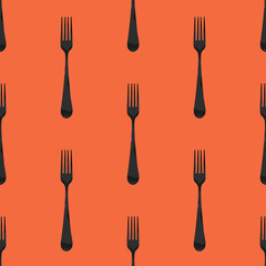 Seamless pattern. Fork top view on red orange background. Template for applying to surface. Square image. Flat lay. 3D image. 3D rendering.
