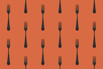 pattern. Fork top view on red orange background. Template for applying to surface. Horizontal image. Flat lay. 3D image. 3D rendering.